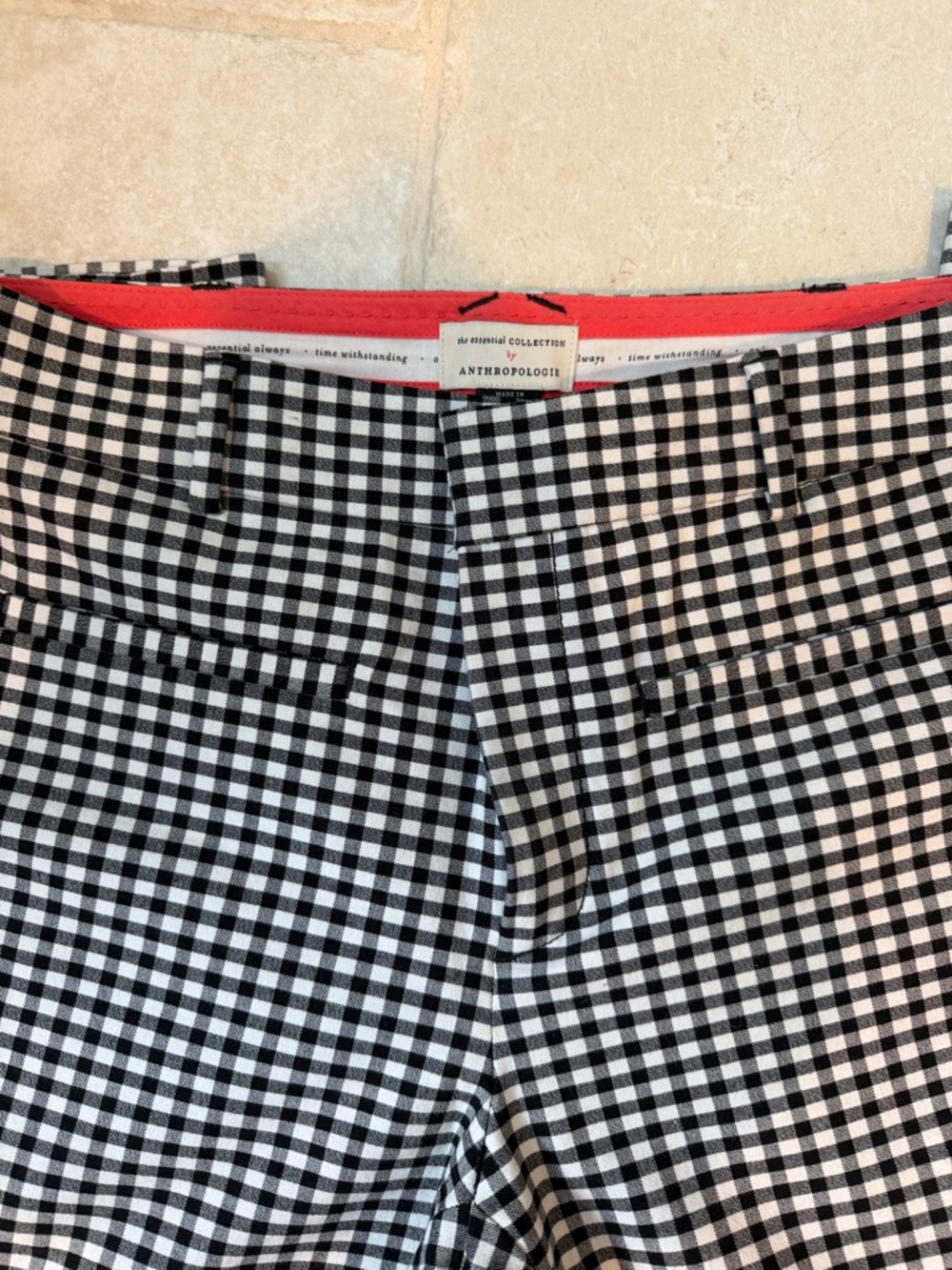 Anthropologie Black & White Gingham Chinos with Coral Trim - Picture 2 of 5